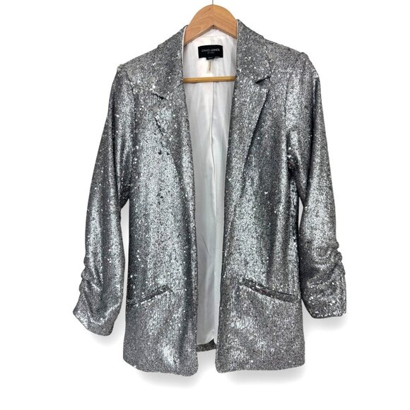 David Lerner Hailey Oversized Blazer Jacket Ruched‎ Sleeves Silver Sequin Size S - Picture 3 of 10